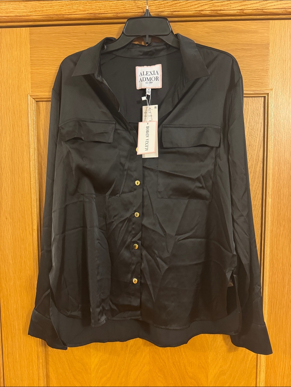 NWT Alexia Admor Classic Shirt Women's Black Button Down Blouse Size 14 (Large)